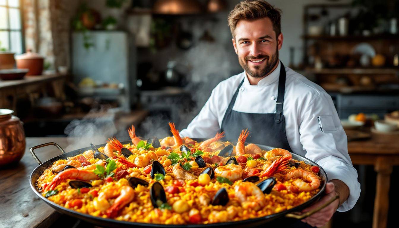 Chef cuisinant le couscous royal devant les invités