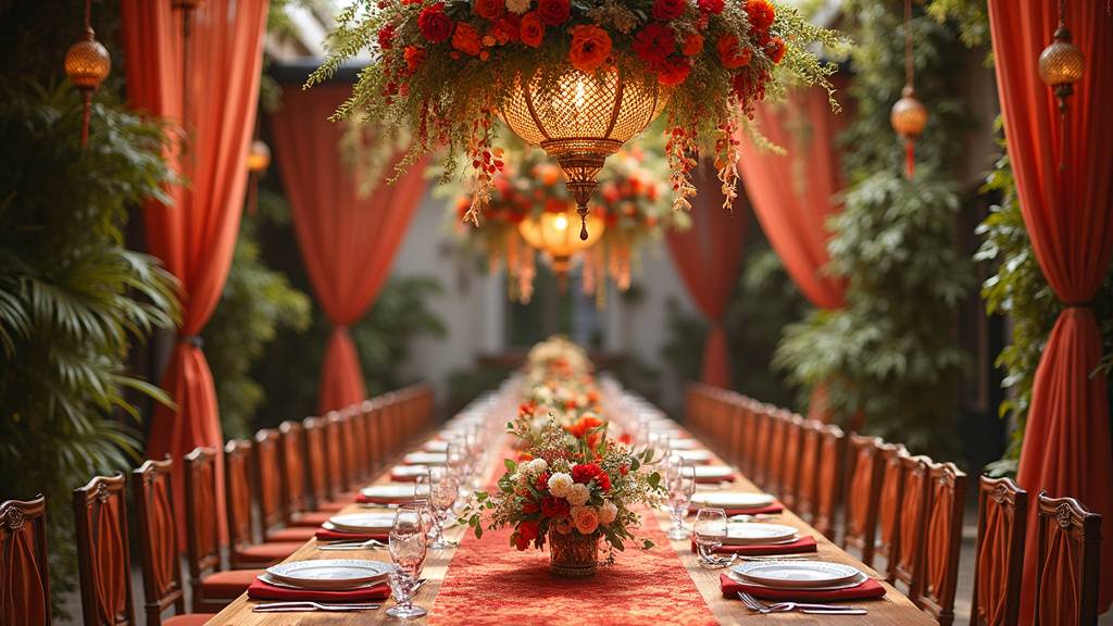Décoration orientale luxueuse pour mariage avec lanternes dorées et voilages à Lyon