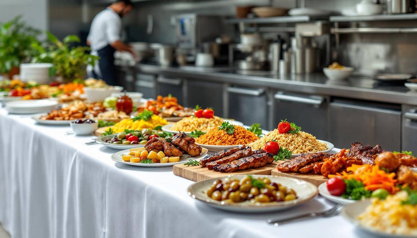 Table orientale dressée avec mets traditionnels et décoration raffinée