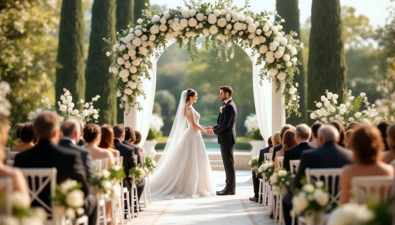 Trône de mariage oriental doré dans une salle de réception lyonnaise
