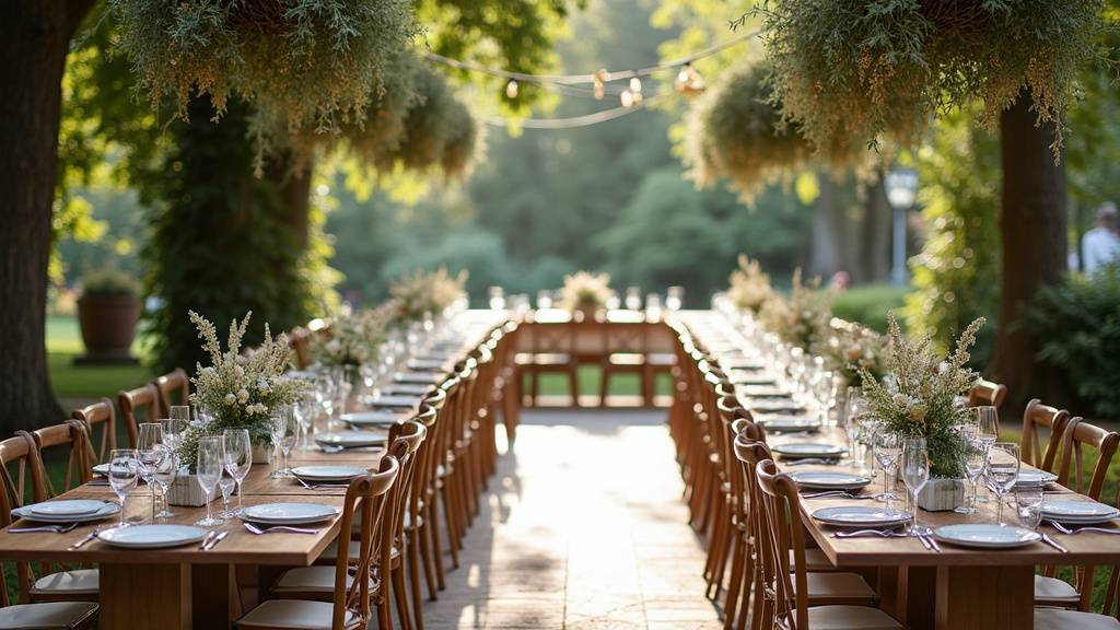 Ensemble de matériel de mariage élégant en location : tables, chaises, décoration et éclairage