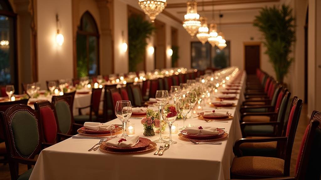 Salle de mariage oriental luxueusement décorée avec mobilier traditionnel et éclairage doré