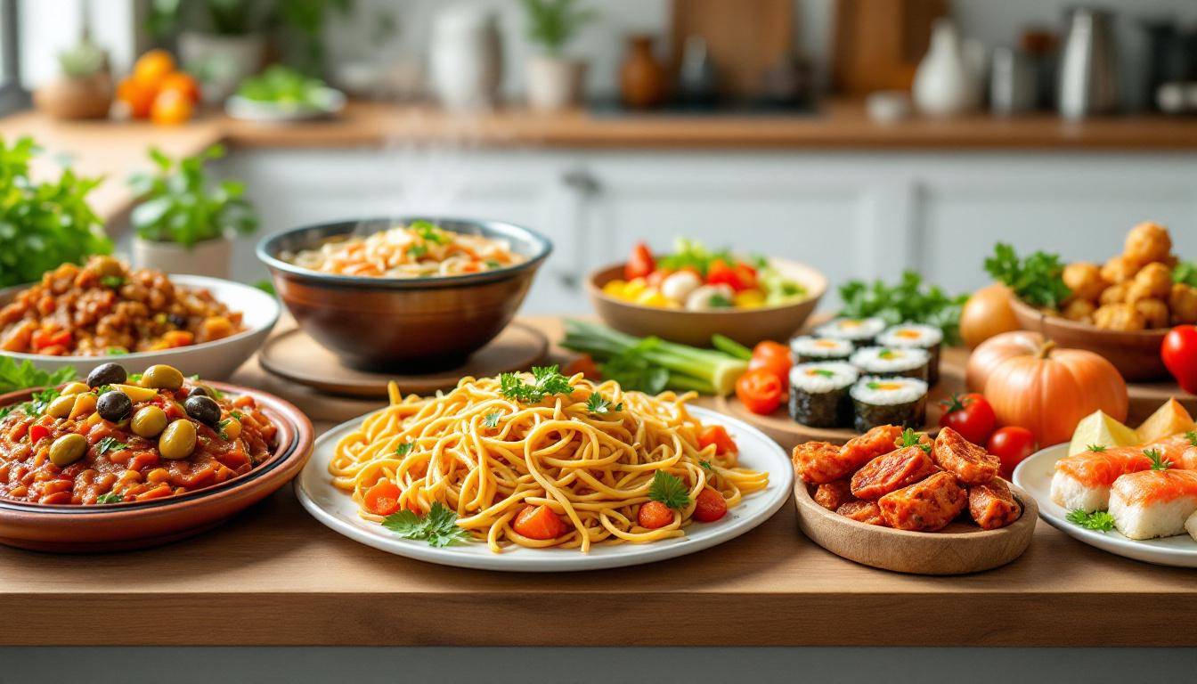 Assortiment de spécialités d'Iftar du monde entier sur une grande table