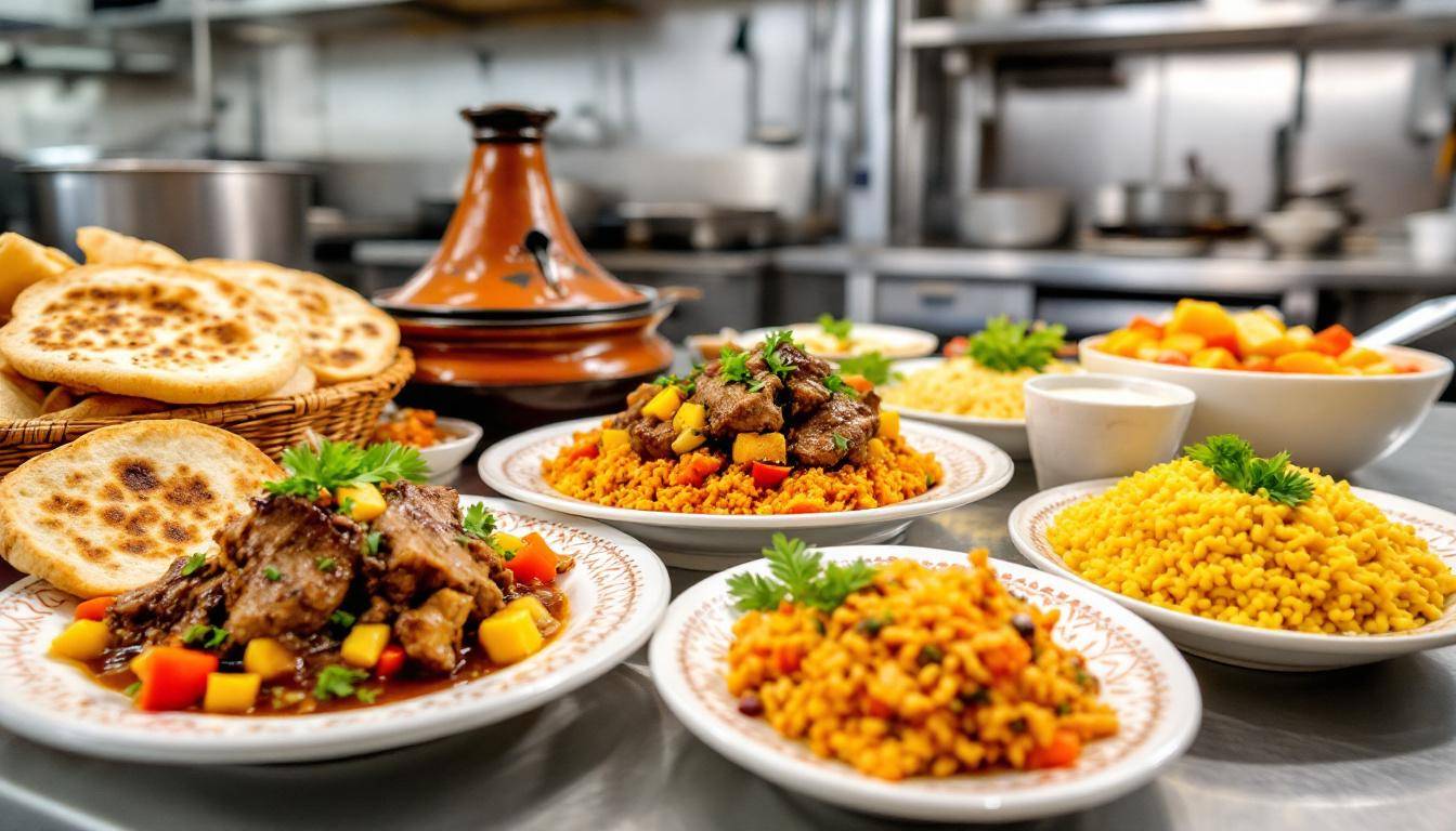 Pastilla dorée et tajine de poulet aux olives préparés par traiteur à Meyzieu